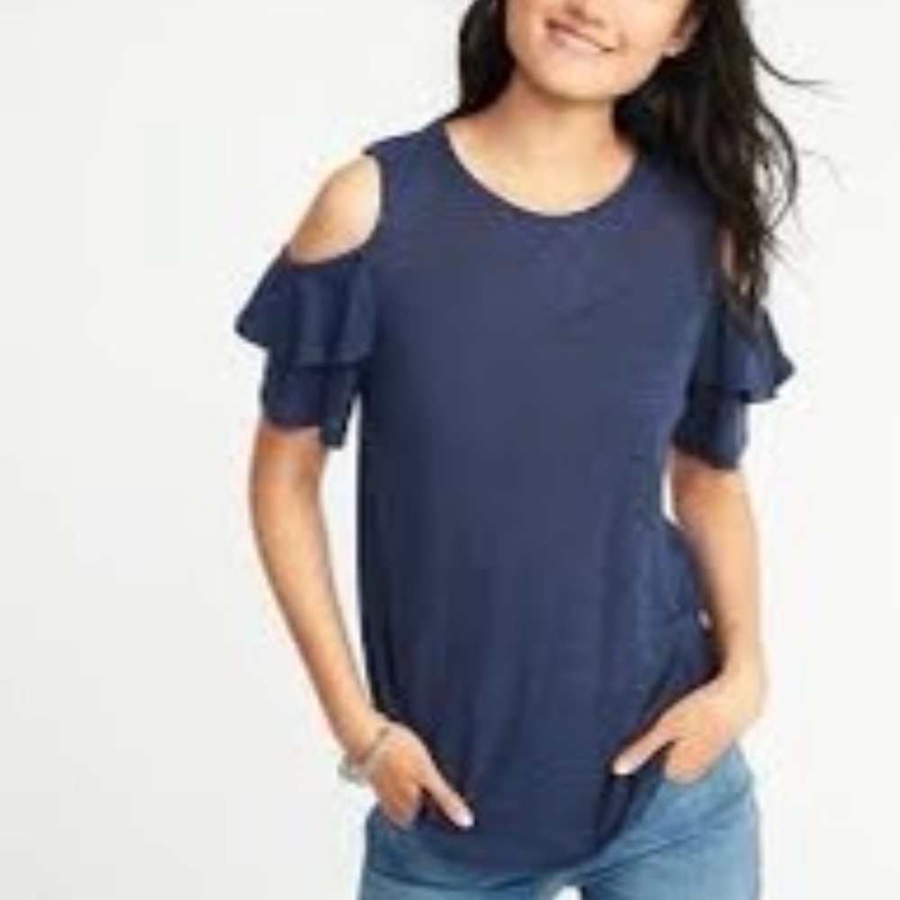 Old navy tiered ruffle short sleeve cold shoulder top blue